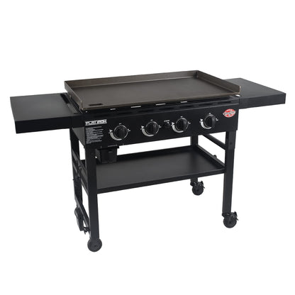 Char-Griller® Flat Iron 4-Burner Propane Gas Flat-Top Griddle with Steel Griddle Top, Wind Guards and Removable Lid, 775 Cooking Square Inches in Black, Model 8036