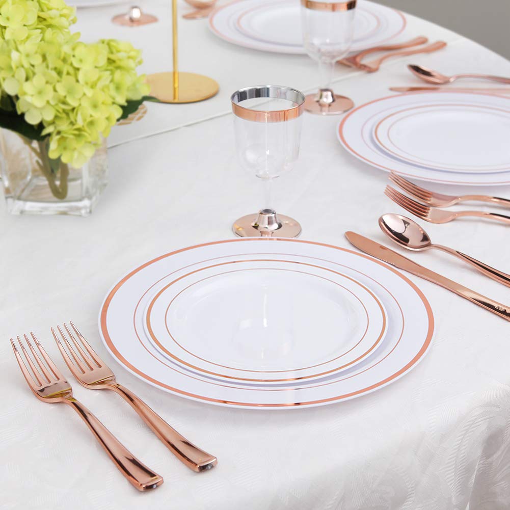 WDF-125PCS Rose Gold Plastic Silverware&Disposable Plastic Plates - Plastic Plates include 25 Dinner Plates,25 Salad Plates,25 Forks, 25 Knives, 25 Spoons for Wedding, Party, Mother's Day