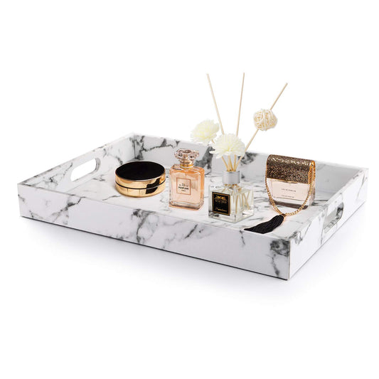 Fasmov Serving Tray, 17 x 12 inches White Marble Faux Leather Decorative Decorative Tray with Handles for Bathroom, Kitchen, Ottoman and Coffee Table
