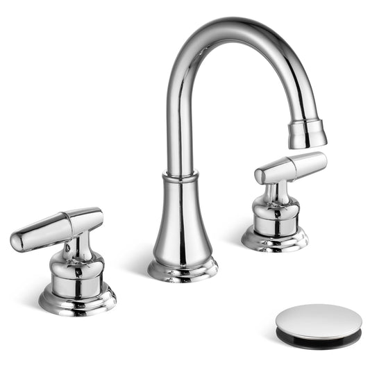 gotonovo 8 Inch Vanity Basin Faucet Dual Handle Polished Chrome Deck Mount 3 Hole Bathroom Faucet with Pop Up Drain and Water Supply Hoses Widespread Lavatory Sink Faucet Hot and Cold Mixer Tap