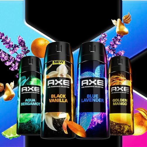 AXE Fine Fragrance Collection Premium Deodorant Body Spray for Men - Variety Pack - Blue Lavender, Aqua Bergamot, Golden Mango, & Black Vanilla - Pack of 4 72H Odor Protection, Aluminum Free, 4 oz