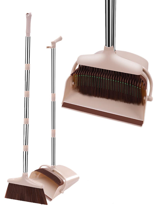 Xifando Broom and Dustpan Set, Stand Upright Windproof Dustpan, Long Handle Broom and Dustpan with Teeth for Home Kitchen Room Office Lobby Floor Cleaning (Khaki)