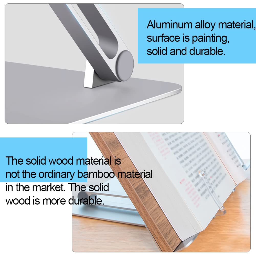 Shikha Adjustable Book Stand Wooden Book Holders for Reading Hands-Free Holder for Laptop Phone Tablet with Wooden Pad, 2 Spring Clips.