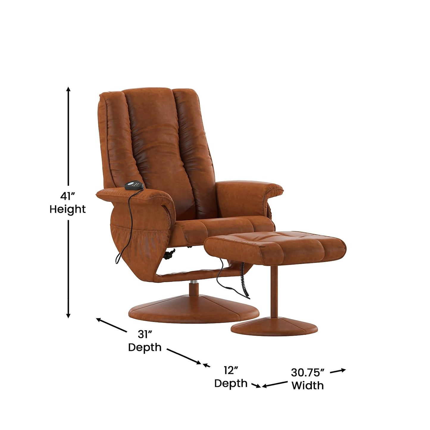 Flash Furniture Hall Massaging Heat Controlled Adjustable Recliner and Ottoman with Wrapped Base in Brown LeatherSoft