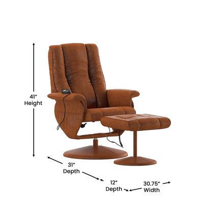 Flash Furniture Hall Massaging Heat Controlled Adjustable Recliner and Ottoman with Wrapped Base in Brown LeatherSoft