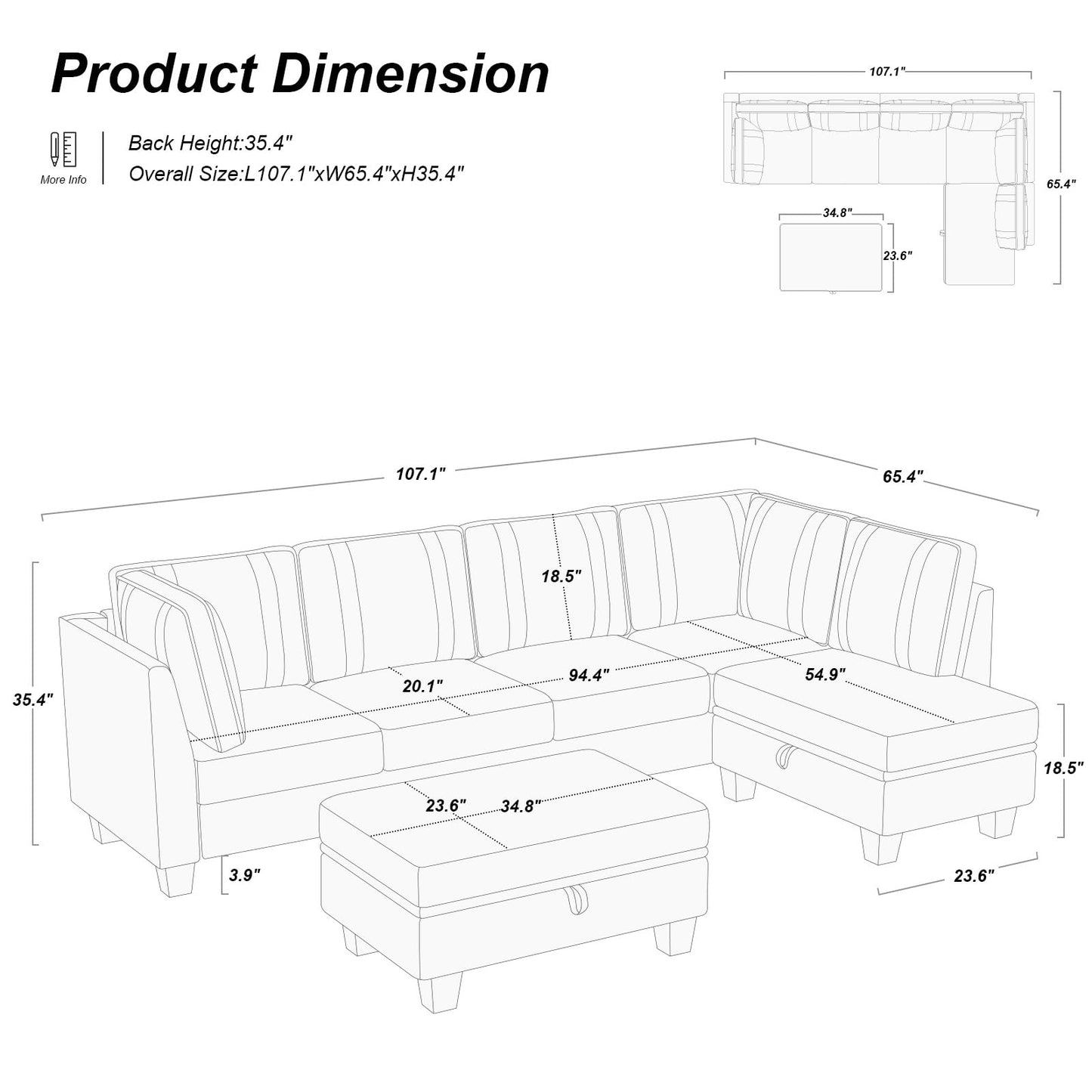 L-Shaped Sectional Sofa with Storage Ottoman