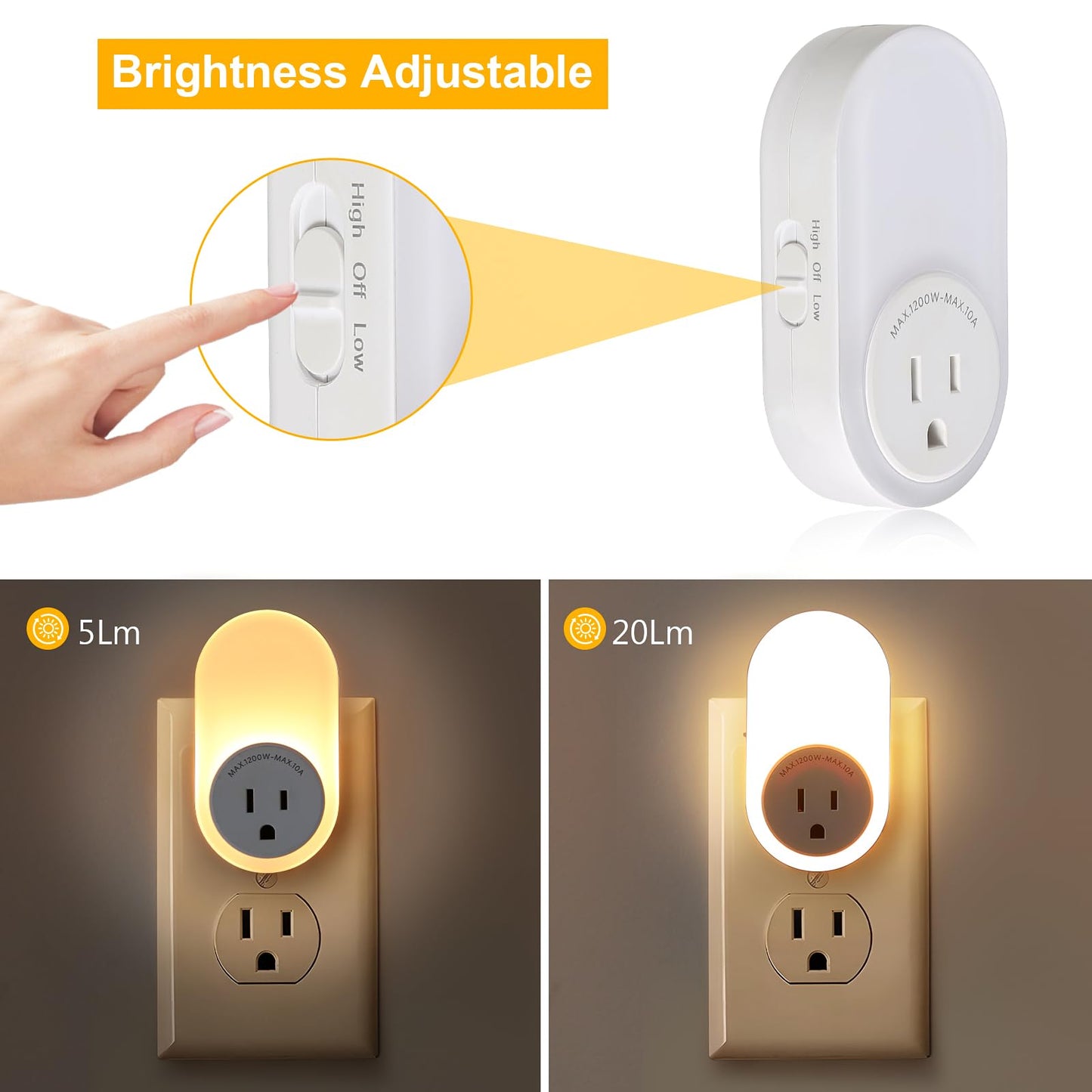 Dawnrise Night Lights Plug Into Wall,Dusk to Dawn Sensor Night Light with Power Outlet,CCT 2700K/4000K,5/20LM Adjustable Brightness for Bedroom,Kitchen,Living Room,Office,2PK