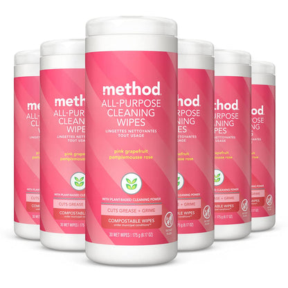 Method All-Purpose Cleaning Wipes, Pink Grapefruit, Multi-Surface, Compostable, 30 Count (Pack of 6)