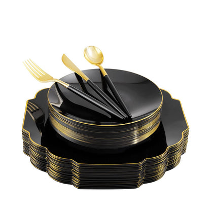 Supernal 150pcs Gold Plastic Dinnerware Set, Halloween Black Plastic Plates,Gold Plastic Silverware,Black and Gold Cutlery,include 30 Dinner Plates,30 Dessert Plates,30 Forks,30 Knives,30 Spoons