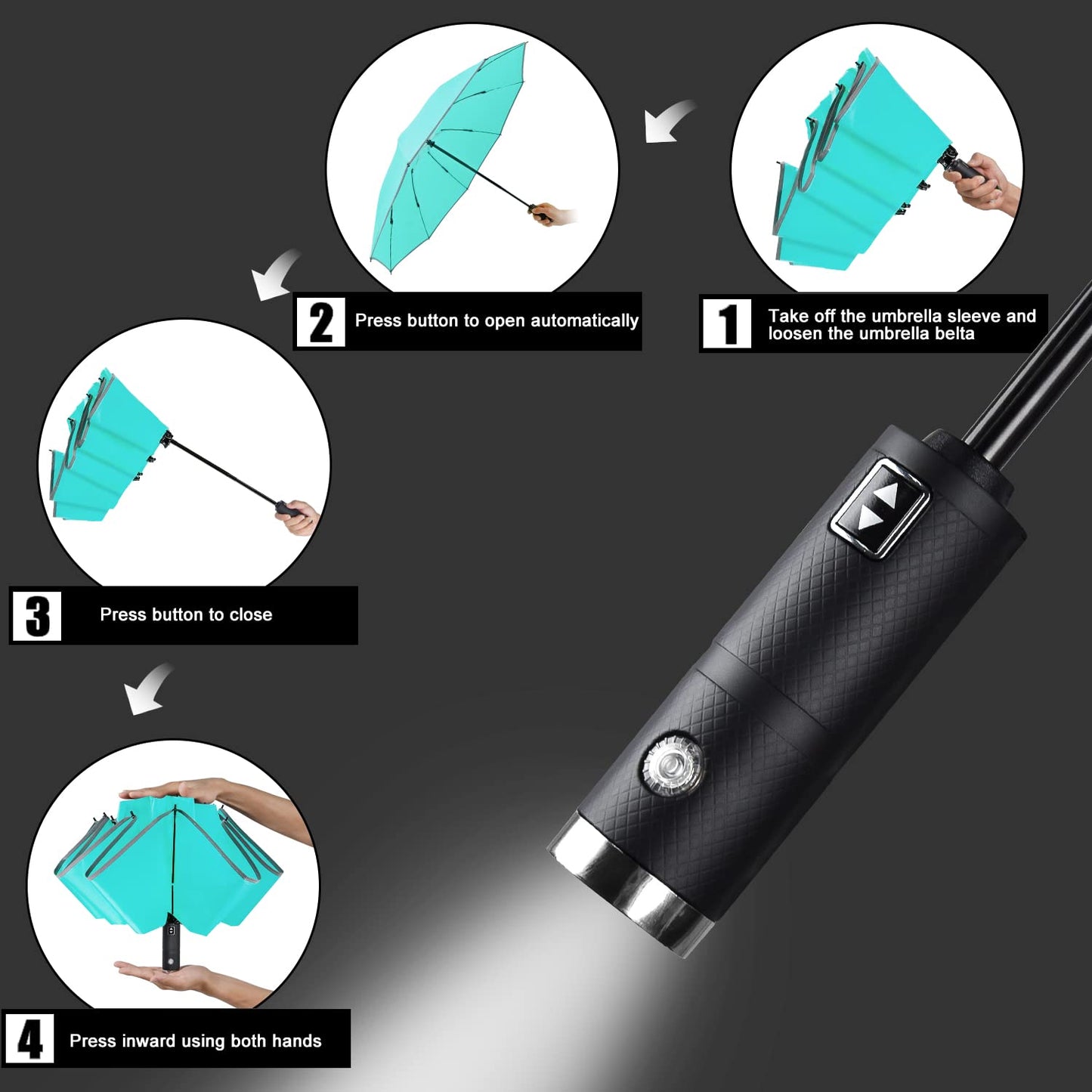 Lejorain Travel Folding Inverted Umbrella - Reverse LED Umbrella Automatic Open and Close - Reflective Collapsible Reversible Umbrella