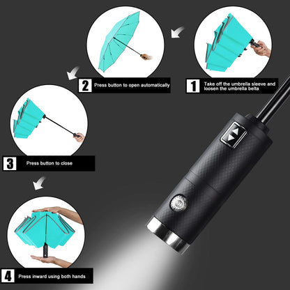 Lejorain Travel Folding Inverted Umbrella - Reverse LED Umbrella Automatic Open and Close - Reflective Collapsible Reversible Umbrella