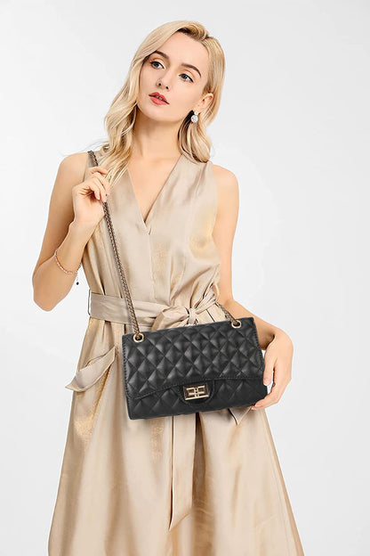 Gladdon Quilted Crossbody Purse for Women Trendy Ladies Shoulder Bag with Chain Designer Purses Black I