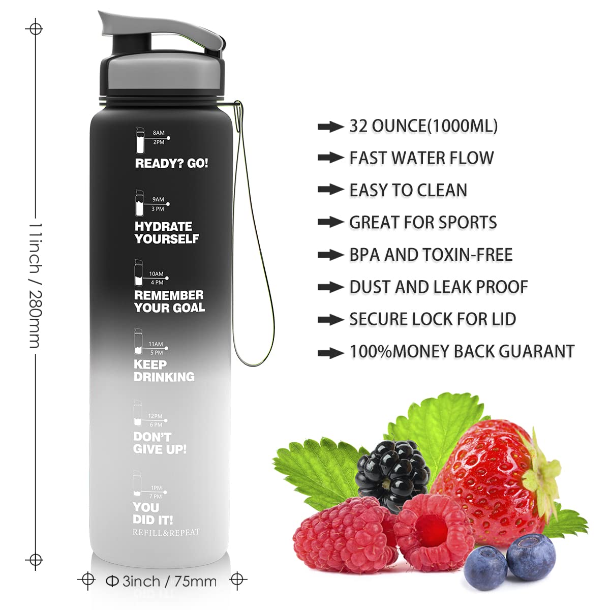 ZORRI 32 OZ Water Bottles, BPA Free Leak Proof Motivational Times Tracking Sports Bottle, Reusable Tritan Plastic Water Jug for Sports & Outdoors, Gym, Yoga, Workout, School, Office