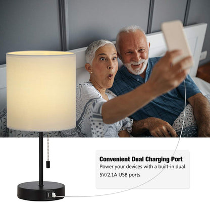 JS NOVA JUNS Table Lamps Set of 2, Bedside Lamps with Dual USB Quick Charging Ports, Desk Lamps with Metal Base White Fabric Lamp Shade for Bedroom Living Room Study Room Office Dressing Room