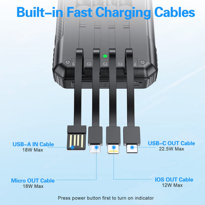 33800mAh Fast Charging Solar Power Bank with Wireless Charger And Built-in Cables