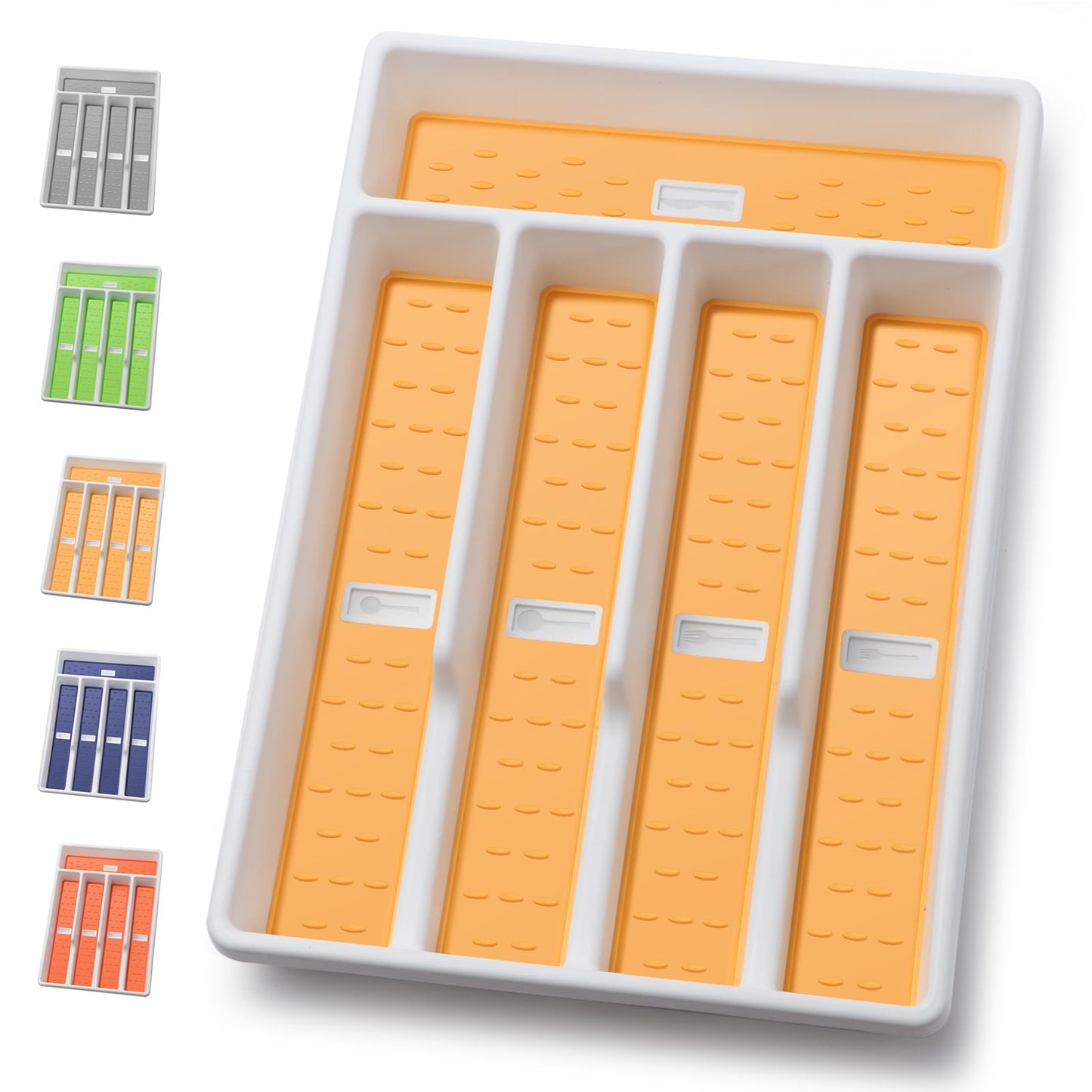 CherHome Silverware Organizer with Cutlery Icons，Silverware Tray for Kitchen Drawer，Plastic Flatware Tableware Silverware Drawer Organizer Utensil Organizer with Non-slip TPR Linings，5-Compartment