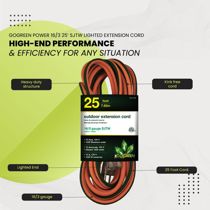 Go Green Power Inc. 16/3 25ft Outdoor Extension Cord with Lighted End - Contractor Grade, Durable, and Moisture Resistant - Ideal for Heavy Duty Tools - GG-13725