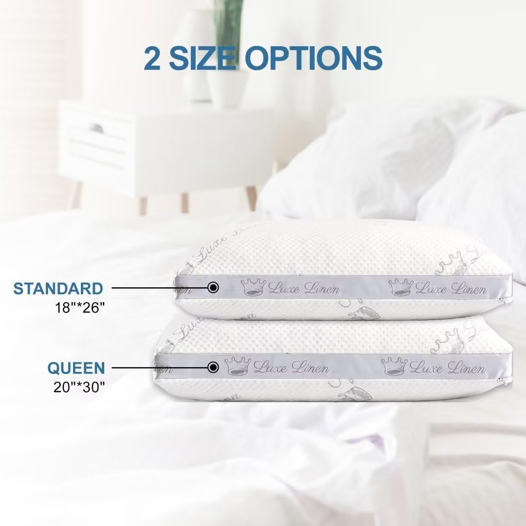 Luxe Linen Pillows Queen Size Set of 2, Shredded Memory Foam Pillows, Adjustable Bed Pillows for Sleeping, 20"x30"Organic Cotton Bed Pillows for Side, Back, Stomach Sleepers…