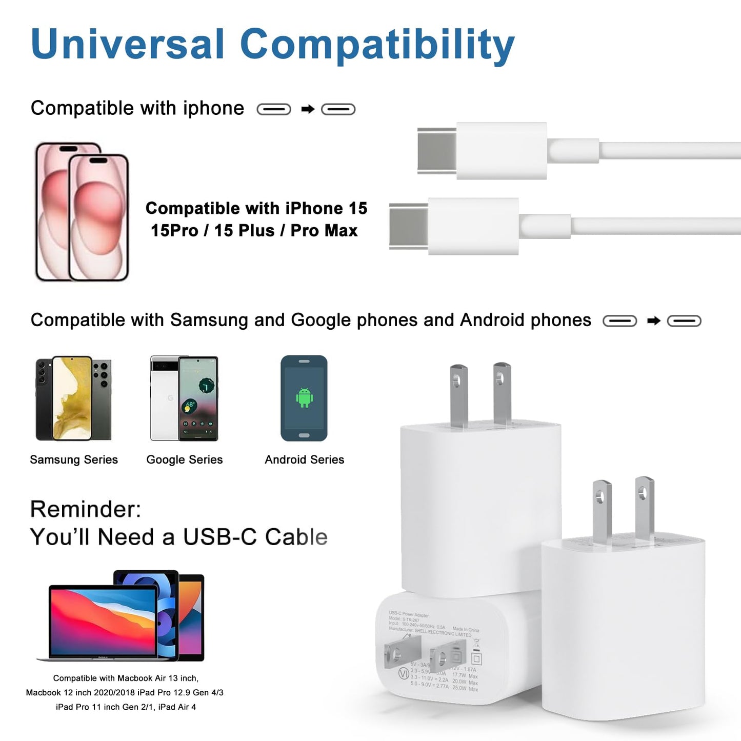 20W PD Fast Charger 3-Pack with Cables