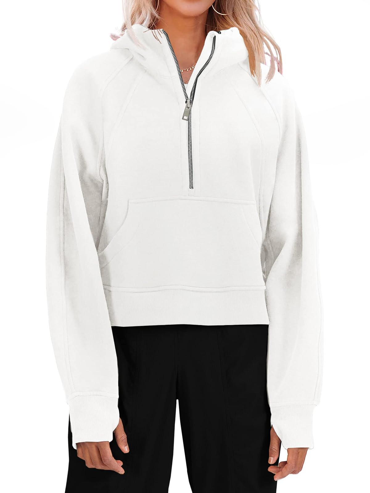 Womens Hooded Pullover Sweatshirts Half Zipper Crop Hoodie Fleece Lined Collar Zip Up Hoodies Cropped Long Sleeve Tops Medium