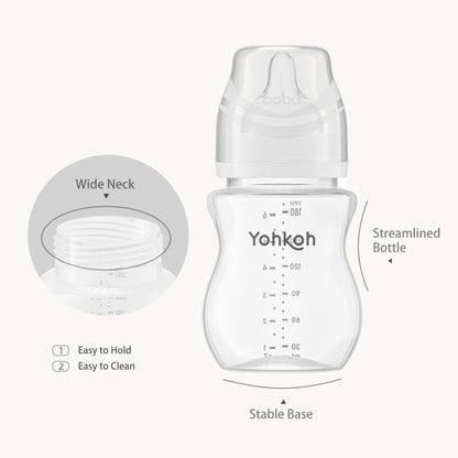 YOHKOH Natural Flow PP Baby Bottle with Natural Response Nipple, Wide Neck Anti-Colic Baby Bottles, Easy to Clean (6.4oz (Pack of 2), Multicolour)