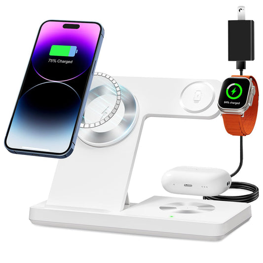 Magnetic 3 in 1 Charging Station for Multiple Devices,Mag-Safe Wireless Charger for iWatch & Airpods Pro 3 2, Foldable Charging Stand Dock for iPhone 12-16 Series with Adapter(White)