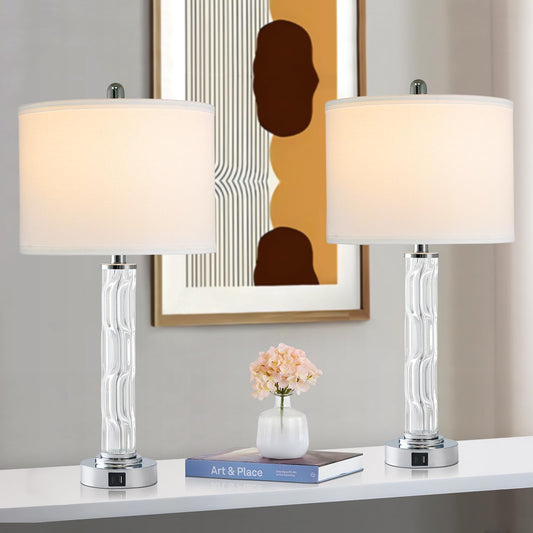 AKASUKI 26 Inch Glass Table Lamps for Bedrooms Set of 2, 3-Way Dimmable Bedside Lamp Touch Control Bedside Lamps with USB and Type-C Ports, Table Lamp for Living Room Bedroom (LED Bulbs Included)