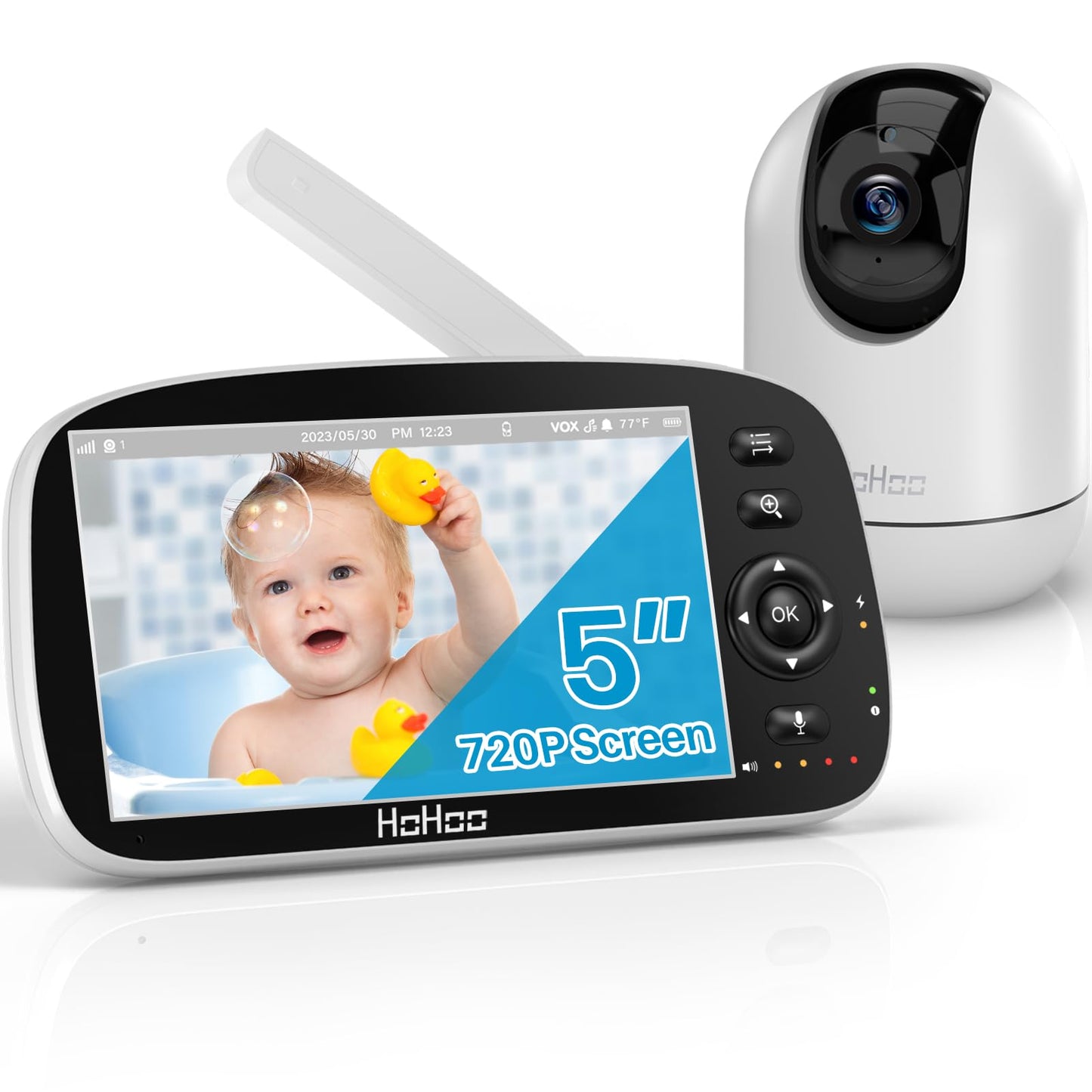 HOHOO Baby Monitor, 5" 720P HD Split Screen, 30 Hours Battery Life Baby Monitor with Camera and Audio|Remote PTZ, Two-Way Audio, Zoom, Night Vision, Lullabies, 960ft Long Range