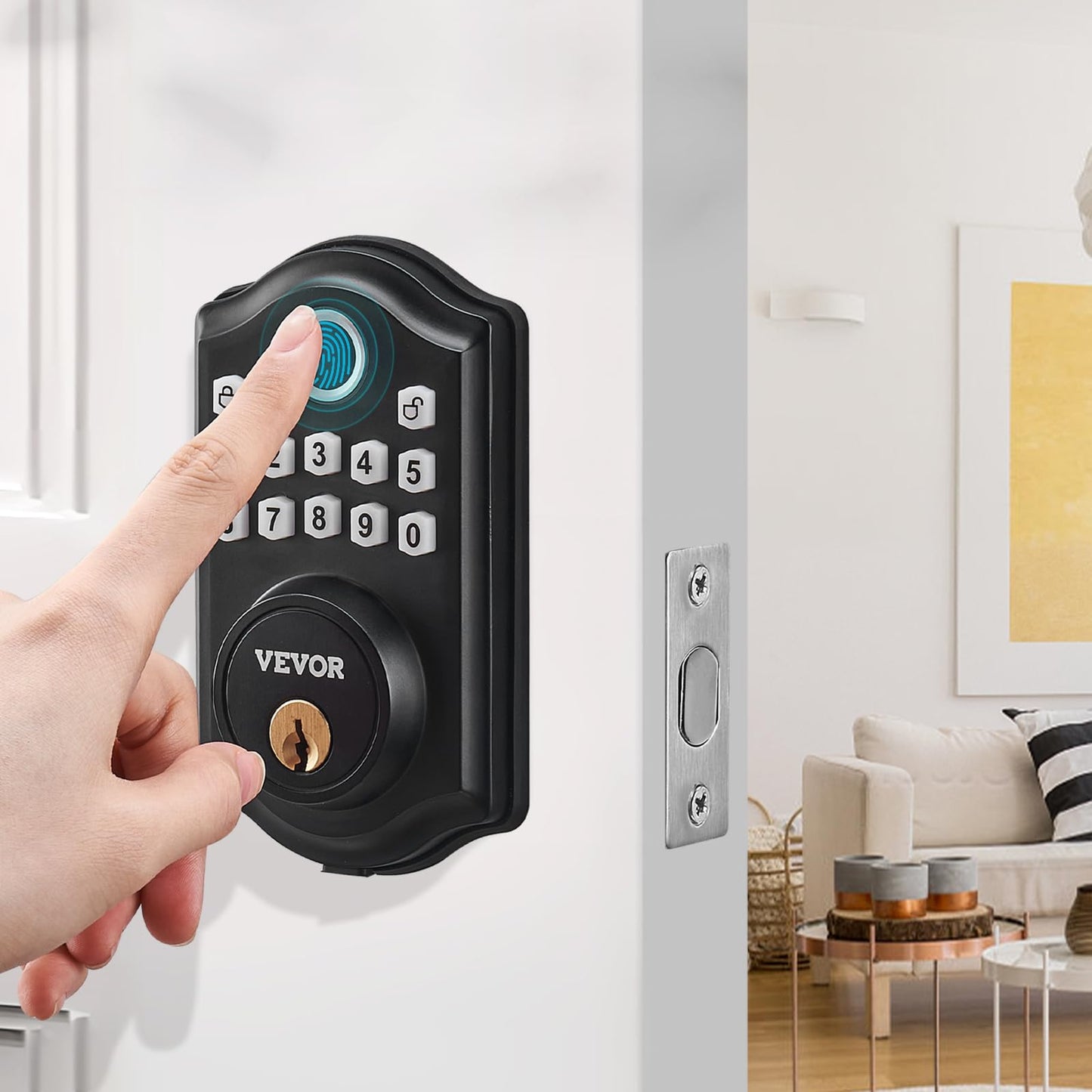VEVOR Fingerprint Door Lock, Keyless Entry Door Lock with Fingerprint/Keypad Code/Key, Auto Lock, Anti-Peeking Password, Electronic Keypad Deadbolt with 300 Users, IP 63 Rating for Front Door