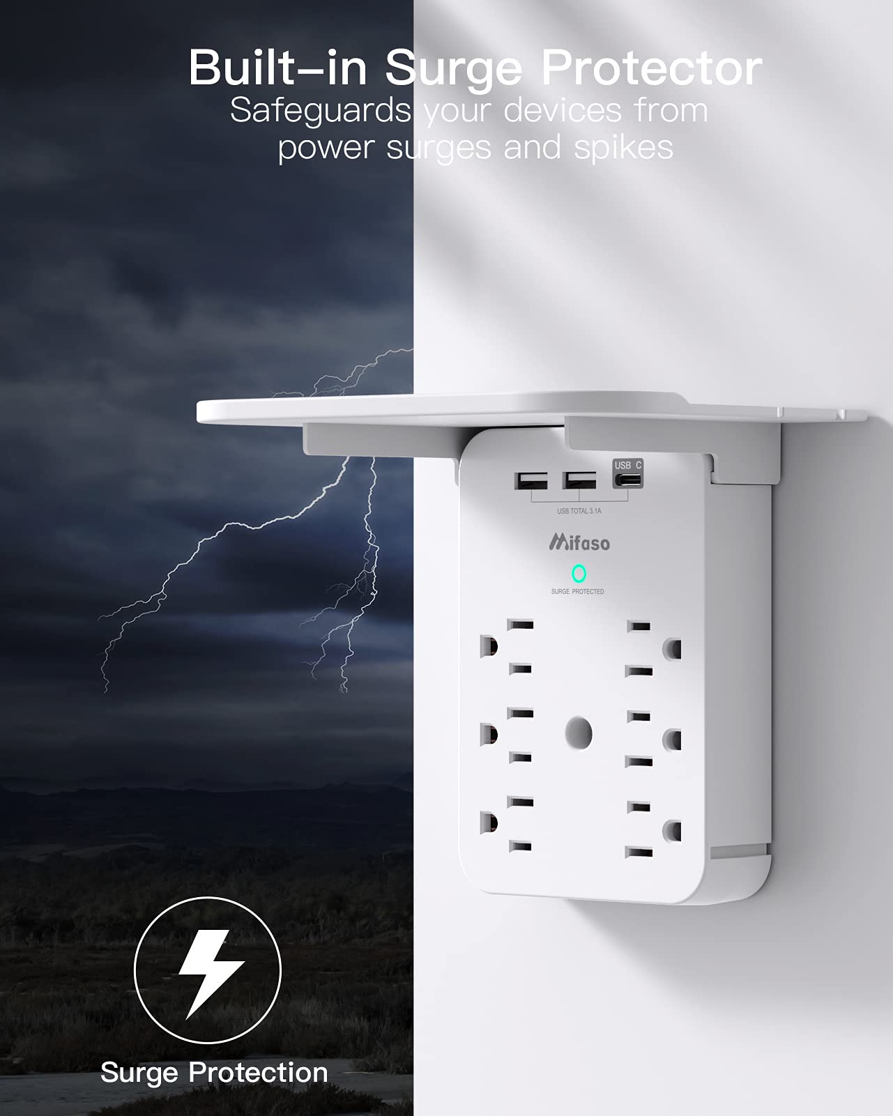 Wall Outlet Extender with USB & Surge Protection