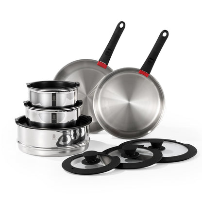 16-Piece Stainless Steel Cookware Set with Detachable Handles
