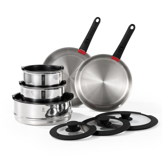 16-Piece Stainless Steel Cookware Set with Detachable Handles