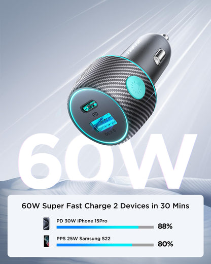 60W USB C Car Charger for iPhone 15, [PD30W&QC30W] Cigarette Lighter Phone Charger Adapter USBC Fast Charging for iPhone 15/14/13Pro Max Plus, Samsung Galaxy S23/22, iPad Pro, Google Pixel, Androids