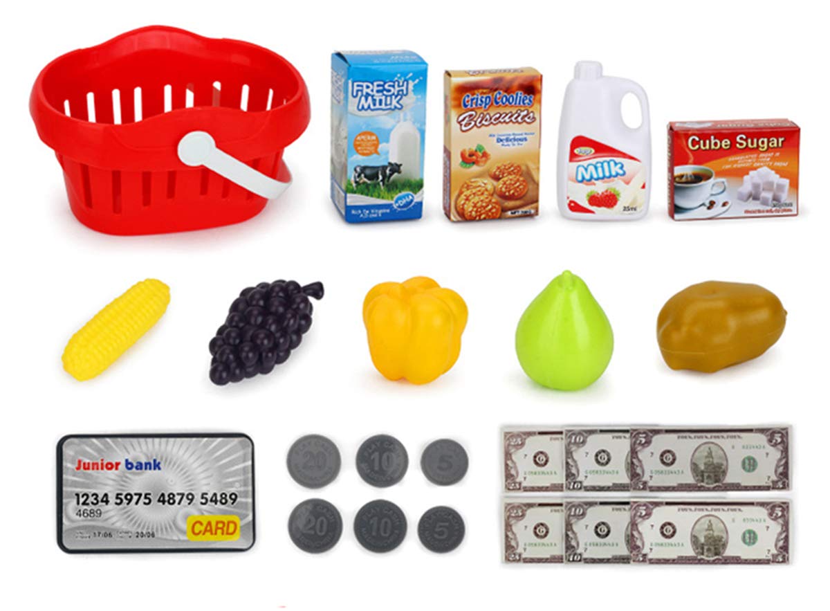 Pretend Play Smart Cash Register Toy, Kids Cashier with Checkout Scanner,Fruit Card Reader, Credit Card Machine, Play Money and Grocery Play Food Set, Educational Toys for Boys & Girls Gifts Toddlers