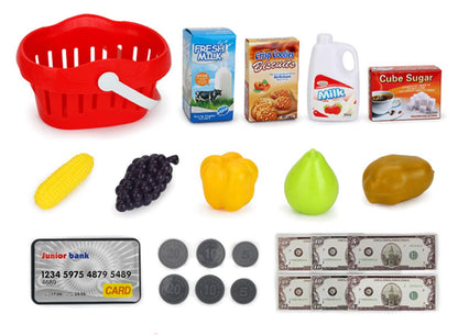 Pretend Play Smart Cash Register Toy, Kids Cashier with Checkout Scanner,Fruit Card Reader, Credit Card Machine, Play Money and Grocery Play Food Set, Educational Toys for Boys & Girls Gifts Toddlers