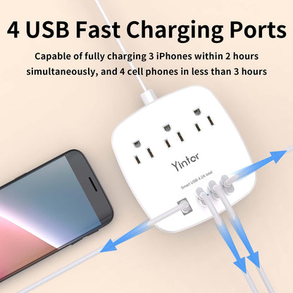 6 Ft Flat Extension Cord with 3 Outlets & USB