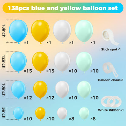 138Pcs Blue Yellow Balloon Arch Kit, Blue Yellow Balloon Garland with Maca Blue Yellow and White Latex Balloons, Blue Yellow Balloon Garland Arch Kit for Birthday Baby Shower Wedding Anniversary Party