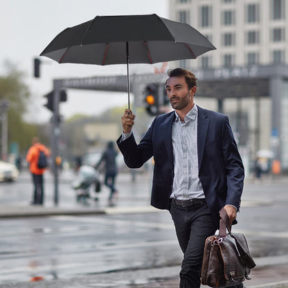 Lejorain Collapsible Umbrella Compact Travel - Portable Black Double Canopy Automatic Windproof Umbrella - Folding Striking Red Reinforced Fiberglass Frame Rain Umbrellas for Adults