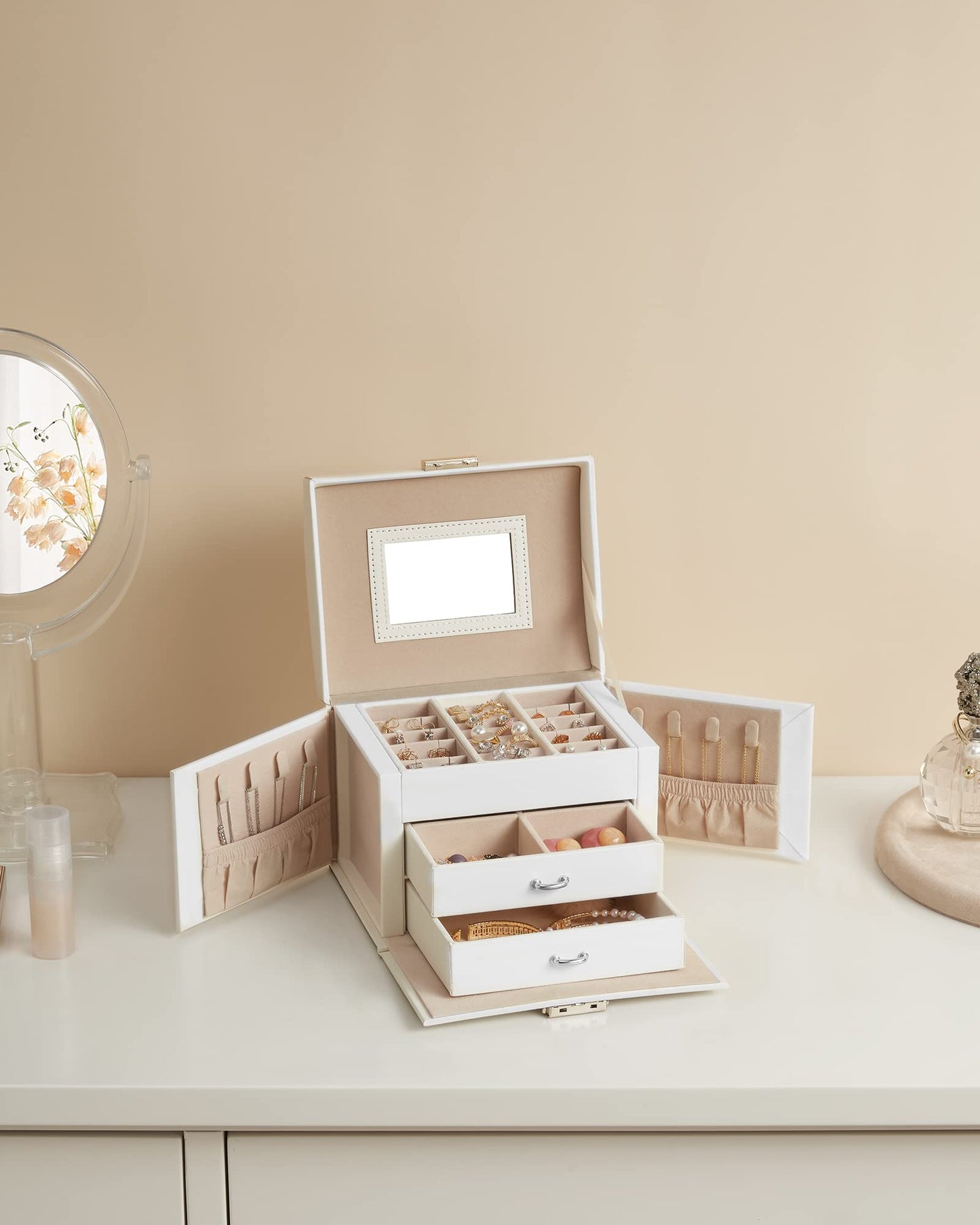 SONGMICS Lockable 3-Tier Jewelry Box with Mirror
