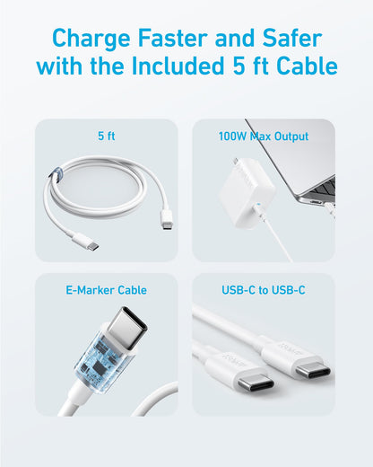 Mac Book Pro Charger, 100W USB C Charger, Anker Compact and Foldable Fast Charger for MacBook Air, Samsung Galaxy, iPad Pro, and All USB C Devices, 5 ft USB C to USB C Cable Included