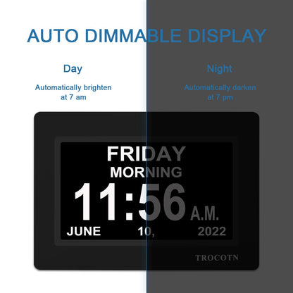TROCOTN 7 Inches Calendar Clock Dementia Clock Large Display Alarm Clock with Auto DST for Seniors, 5 Display Modes Large Font Digital Clock with Custom Alarms Day Date Clock Wall Clock(Black)