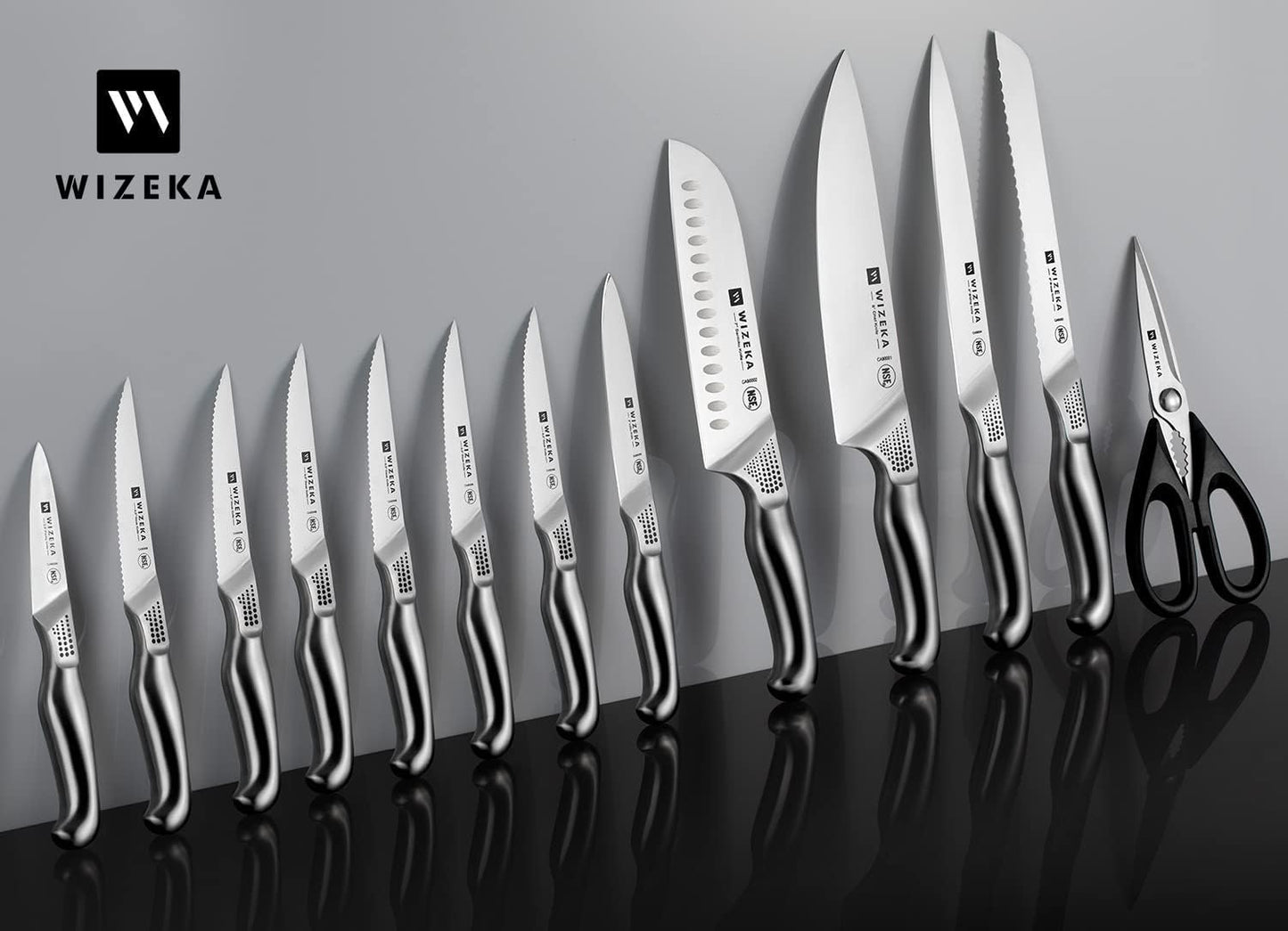 WIZEKA 15PCS Stainless Steel Kitchen Knife Set