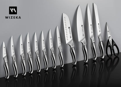 WIZEKA 15PCS Stainless Steel Kitchen Knife Set
