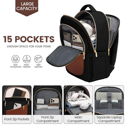 LOVEVOOK Laptop Backpack for Women, College Travel Copmputer Backpack, 17.3 Inch Work Backpacks with USB Port, Waterproof Back Pack with Laptop Compartment for Teacher Nurse, Black-White-Brown