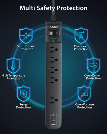 Extension Cord 15 ft - Long Power Strip Surge Protector, Flat Plug, Overload Surge Protection, 5 Outlets 3 USB Charging Ports, Multi Plug Outlet Extender for Indoor Home Office Dorm Room Essentials