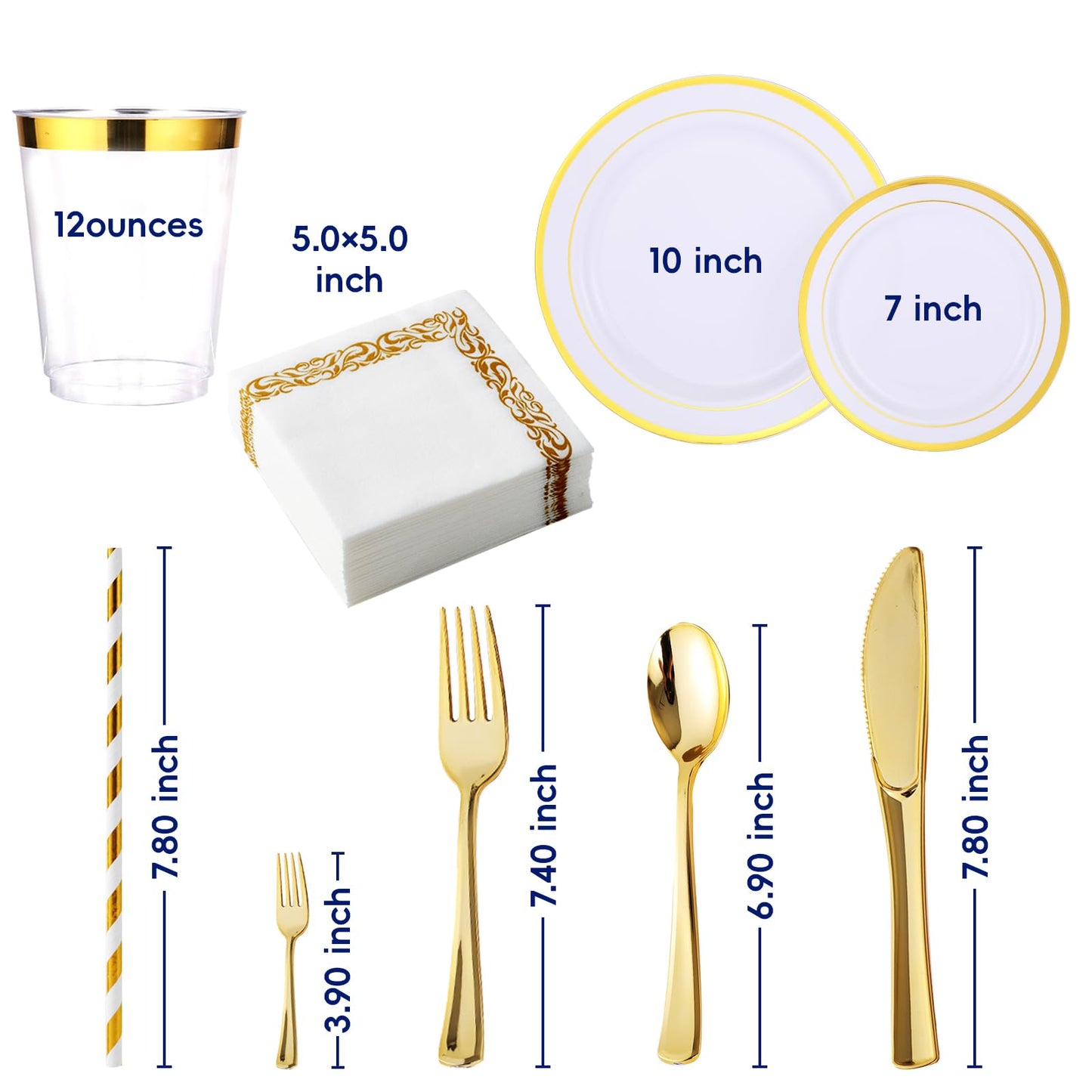 250 Count Gold Disposable Plastic Dinnerware Set, 50 Gold Plastic Plates, 25 Plastic Silverware, 25 Gold Cups and Straws, 50 Napkins, Perfect for Wedding Party