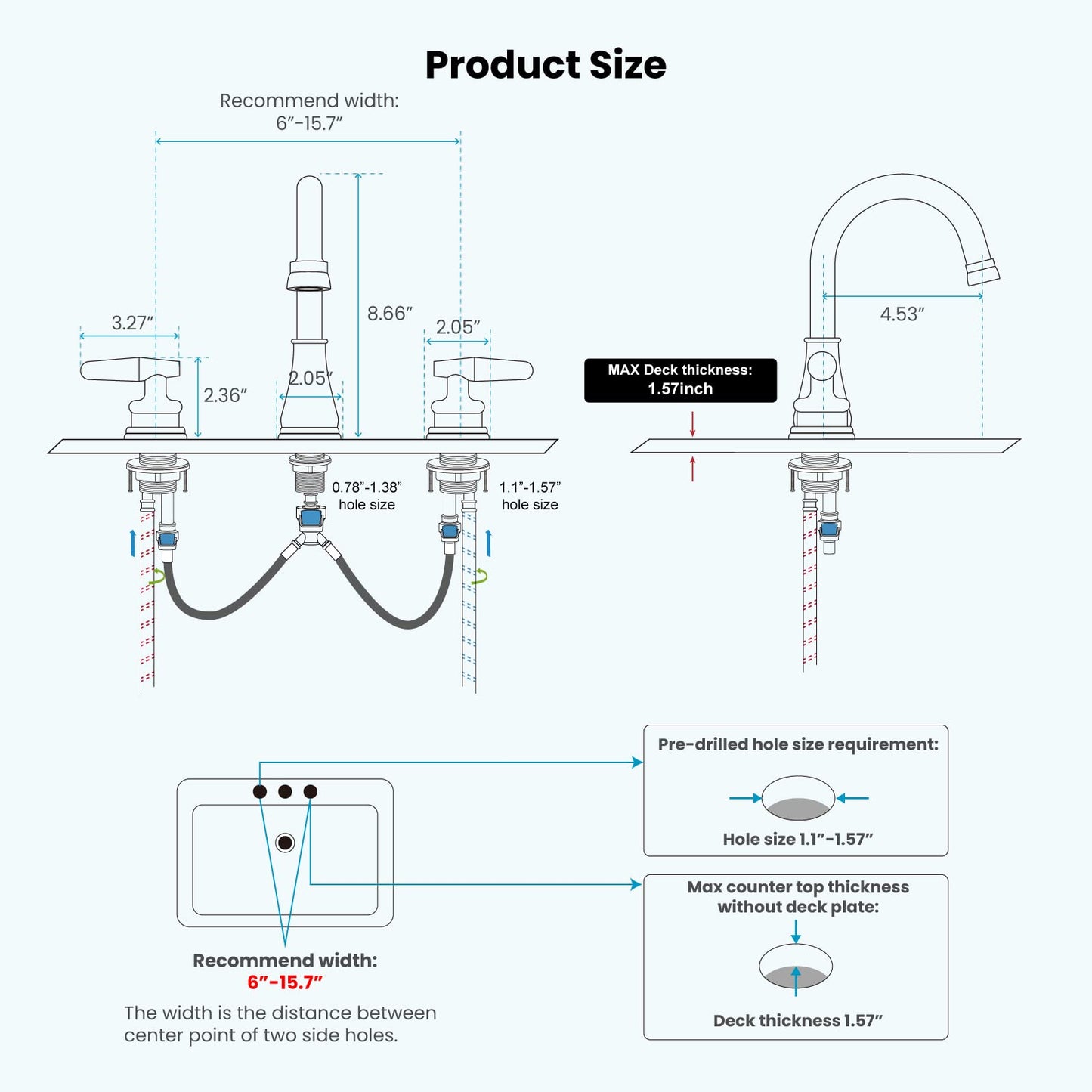 gotonovo 8 Inch Vanity Basin Faucet Dual Handle Polished Chrome Deck Mount 3 Hole Bathroom Faucet with Pop Up Drain and Water Supply Hoses Widespread Lavatory Sink Faucet Hot and Cold Mixer Tap