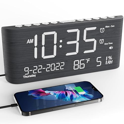 Wooden Digital Alarm Clock with USB, Temperature, Humidity