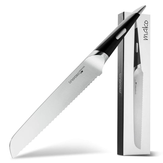 linoroso Serrated Bread Knife for Homemade Bread,Ultra Sharp Forged German High Carbon Stainless Steel Blade(8 inch),Full Tang,Ergonomic Handle- MAKO Series