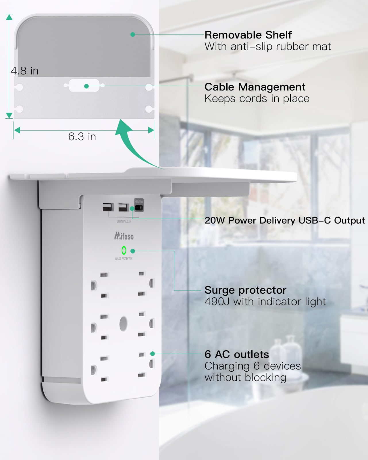 Wall Outlet Extender with USB-C and Surge Protection